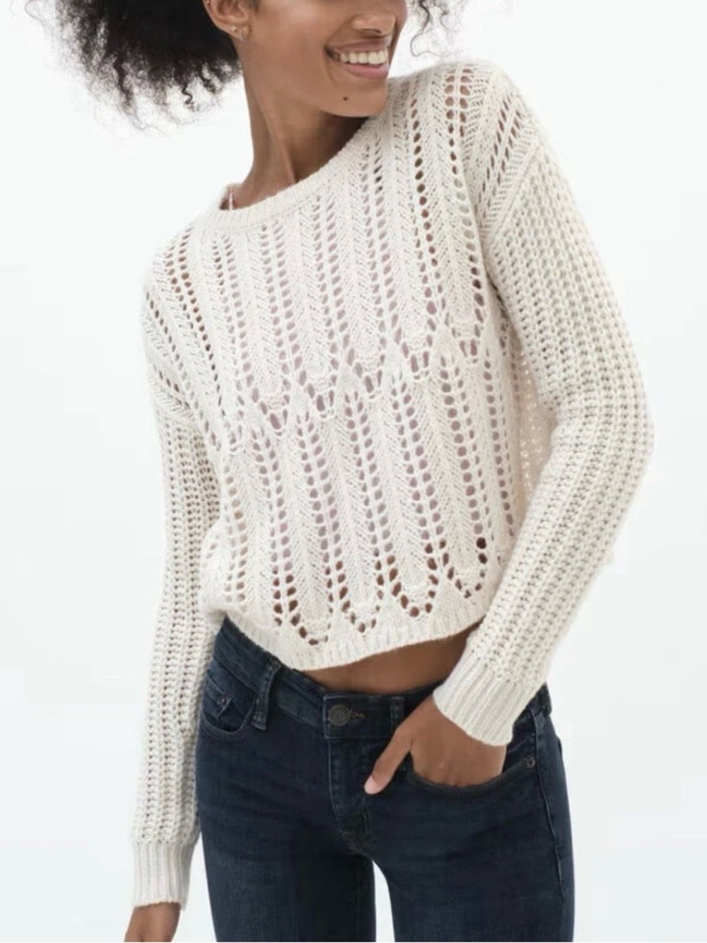 Aeropostale Pointelle Crochet Knit Ivory Crew Sweater Small Boho Chunky Cozy